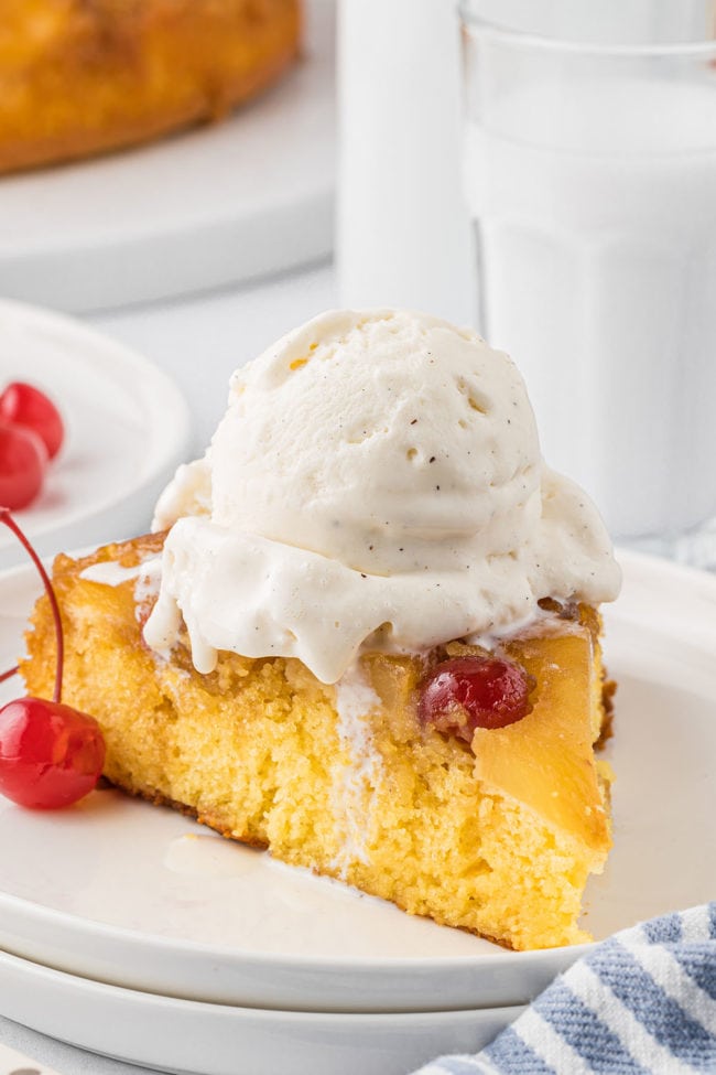 Pineapple Upside Down Cake with a scoop of vanilla ice cream