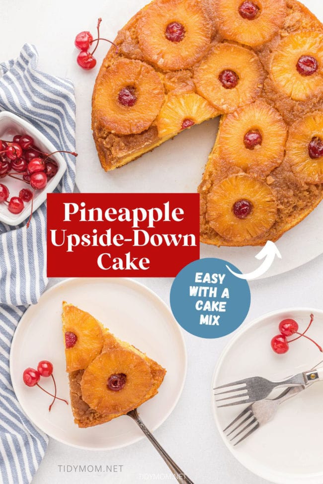 Pineapple Upside Down Cake with a slice platted