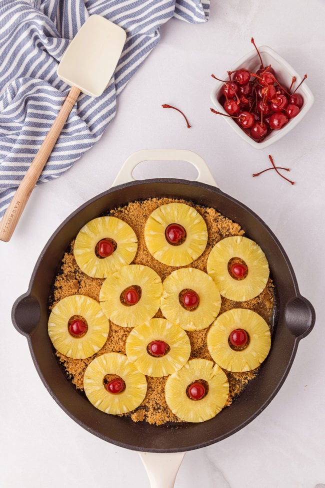 Pineapple Upside Down Cake in a cast iron skillet