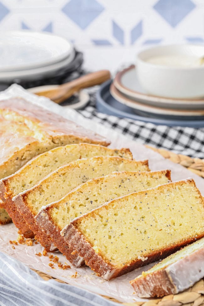 half sliced loaf of poppy seed bread