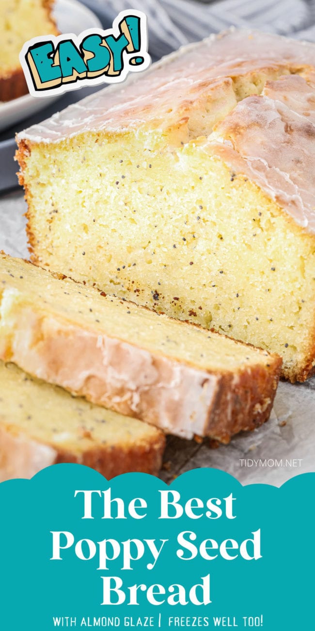 loaf of poppy seed bread with a few servings sliced 