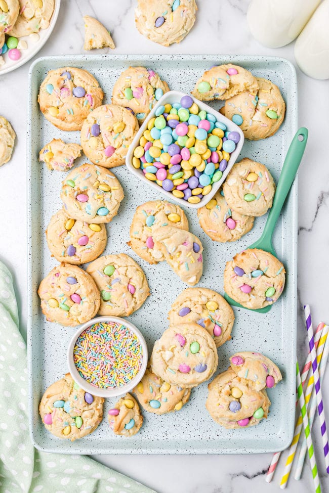 sheet pan with cookies and pastel M&Ms