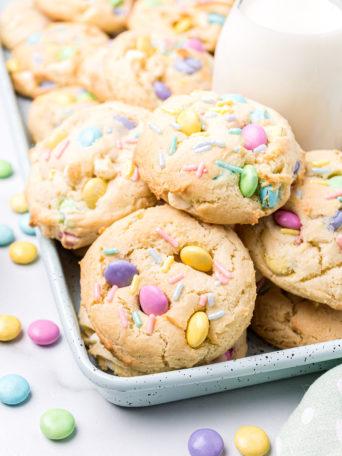 tray of cookies with pastel easter candy