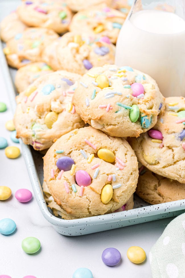 tray of cookies with pastel easter candy