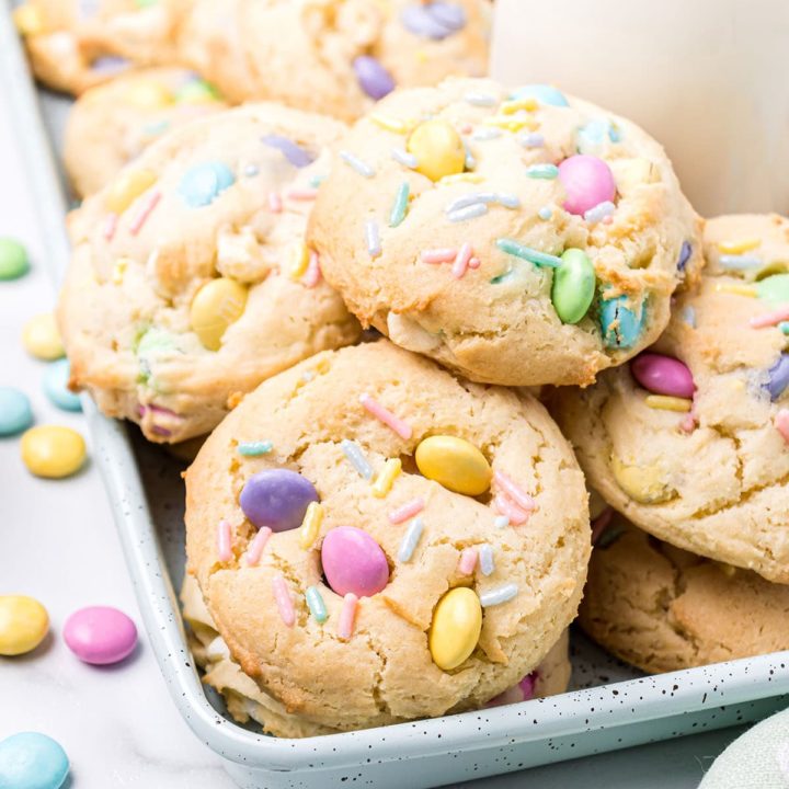 tray of cookies with pastel easter candy