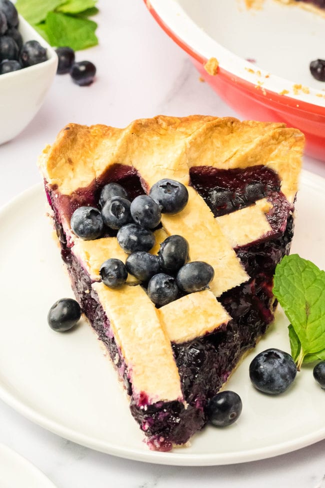 a slice of baked blueberry pie on a white plate with fresh blueberries