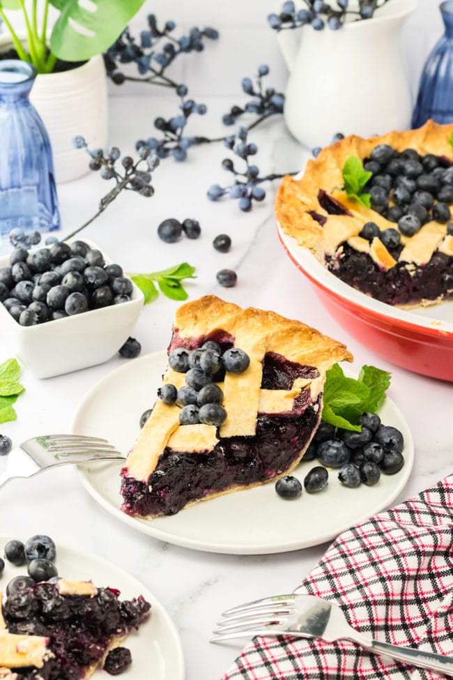 a slice of baked blueberry pie on a white plate with fresh blueberries and the pie dish in the background