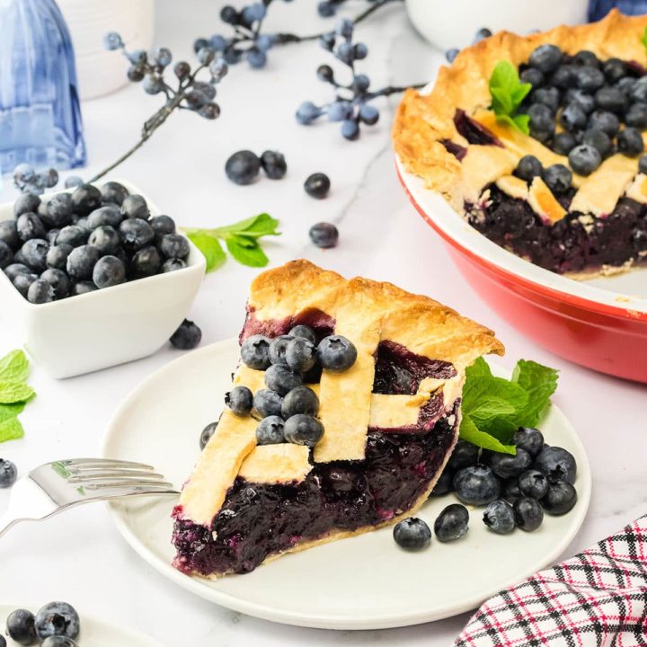 a slice of baked blueberry pie on a white plate with fresh blueberries and the pie dish in the background