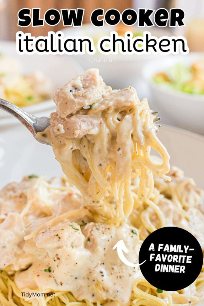creamy Italian chicken on a fork with pasta noodles
