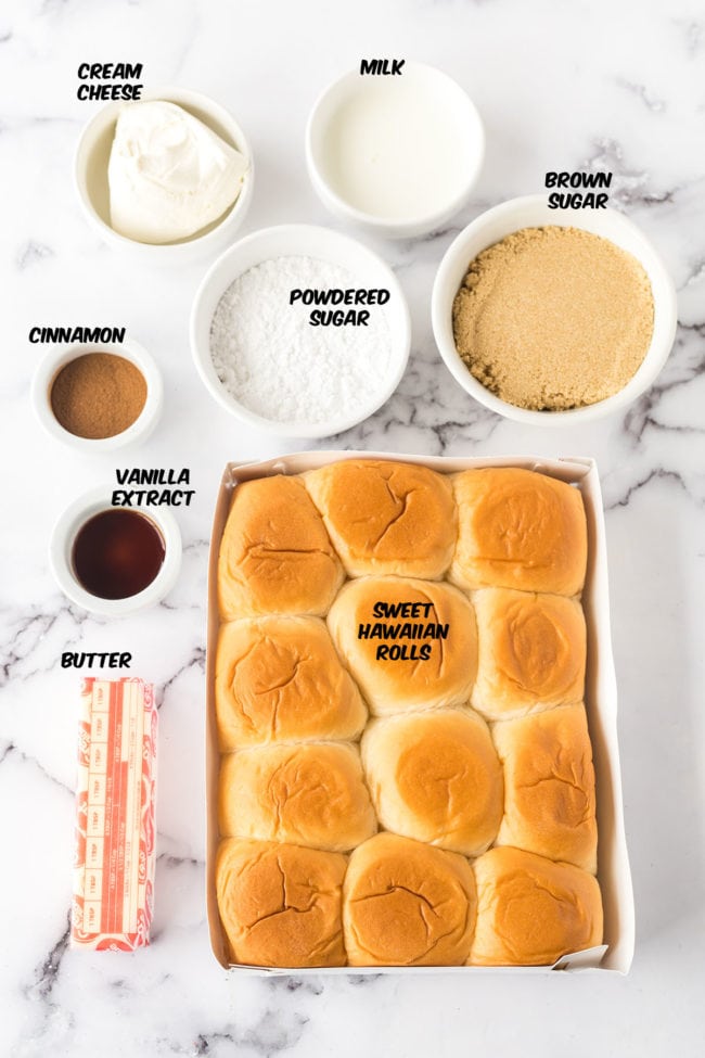 ingredients for easy cinnamon rolls with Hawaiian rolls on a counter