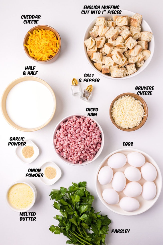 ingredients for English muffin breakfast casserole on a counter