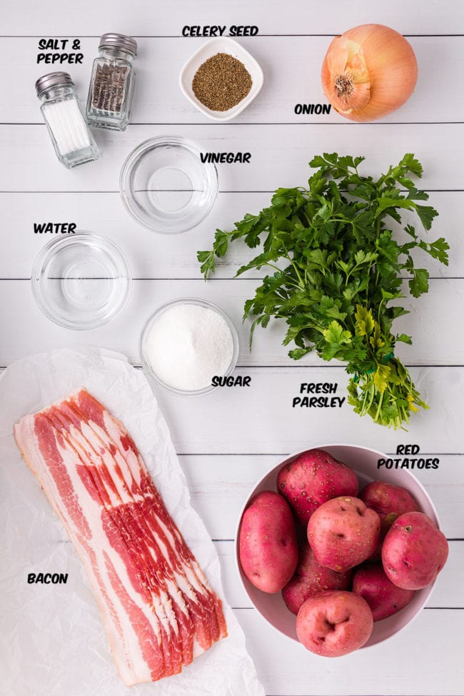 ingredients for german potato salad laying on a counter