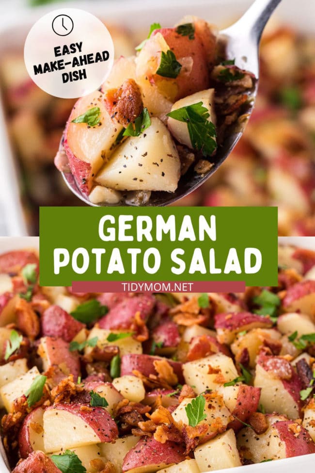 warm potato salad on a serving spoon photo collage
