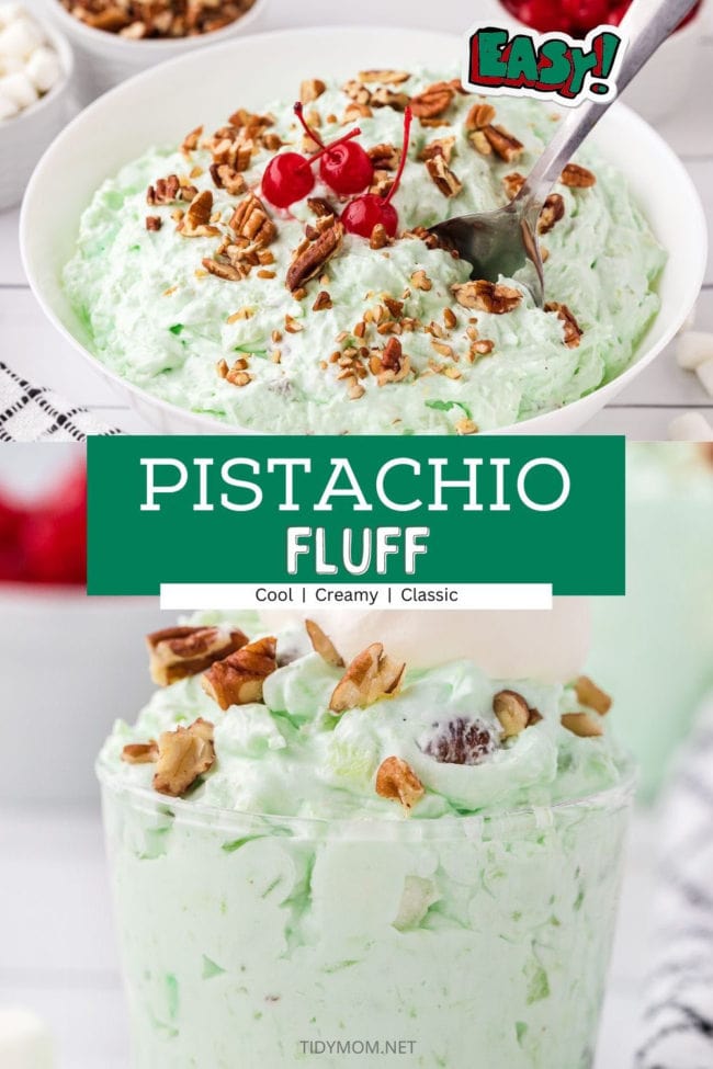 pistachio salad in a white bowl and in a parfait cup.