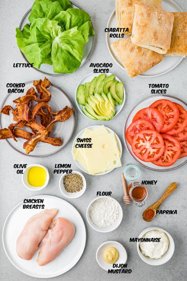ingredients for California Chicken Club Sandwich on a counter