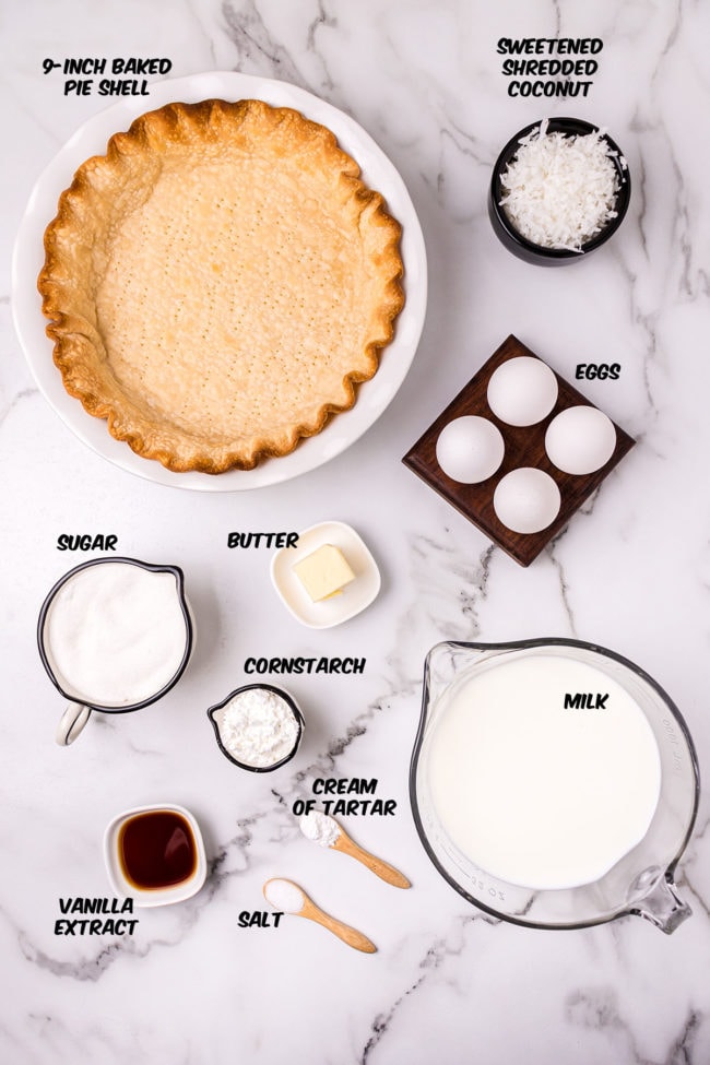 ingredients for coconut meringue pie on a counter