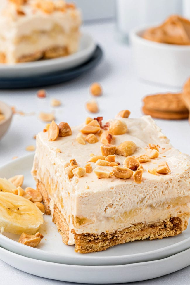 cold ice box cake on a plate with banana slices