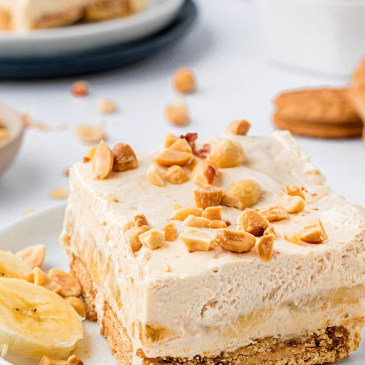 cold ice box cake on a plate with banana slices