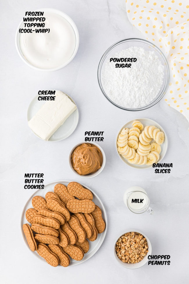 ingredients for peanut butter and banana icebox cake on a counter