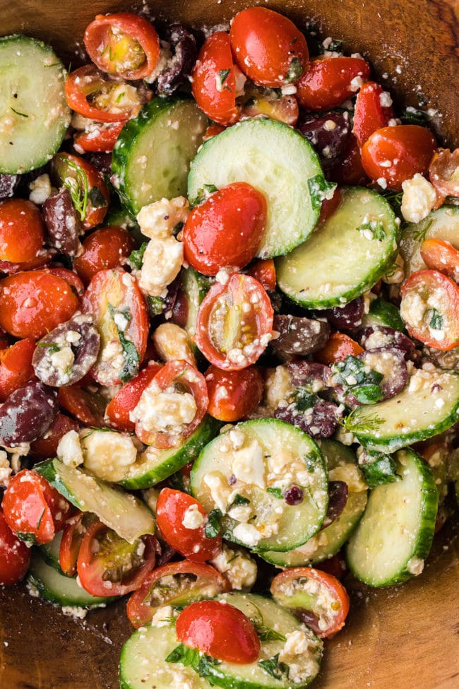 close up of cucumber and tomato salad