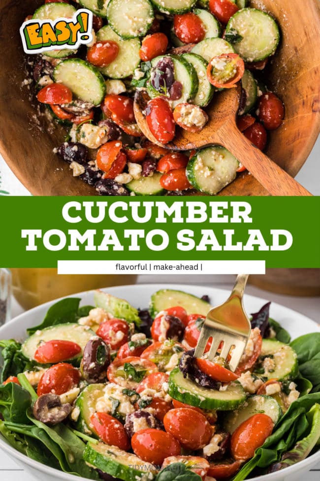 salad with cucumbers, cherry tomatoes, feta, olives in a wooden bowl and in a white salad bowl