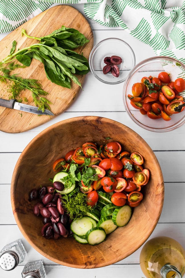 making a cucumber tomato salad step 1