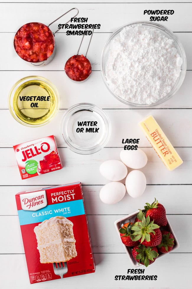 ingredients for an easy strawberry cake on a counter