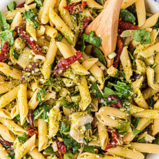 close up of a bowl of Greek Pasta Salad