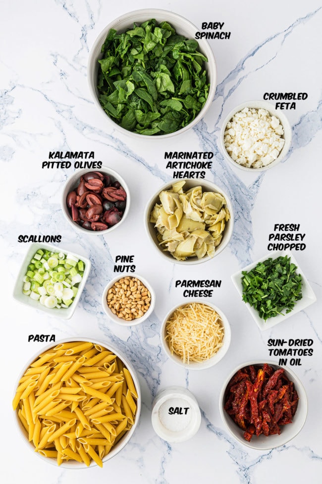 ingredients for Greek pasta salad