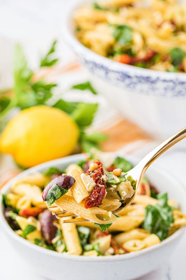 A fork over a bowl of pasta salad with pasta, olives, sun-dried tomatoes and artichoke hearts.