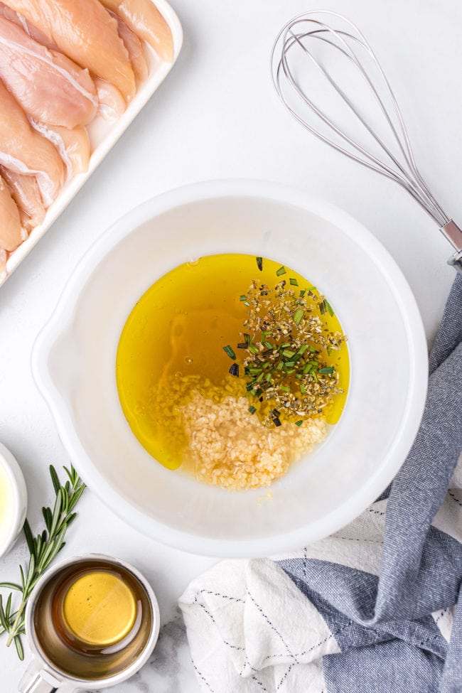 lemon herb marinade in a white bowl