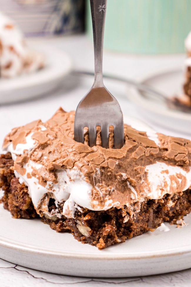 Mississippi mud cake on a plate with a fork in the dessert.