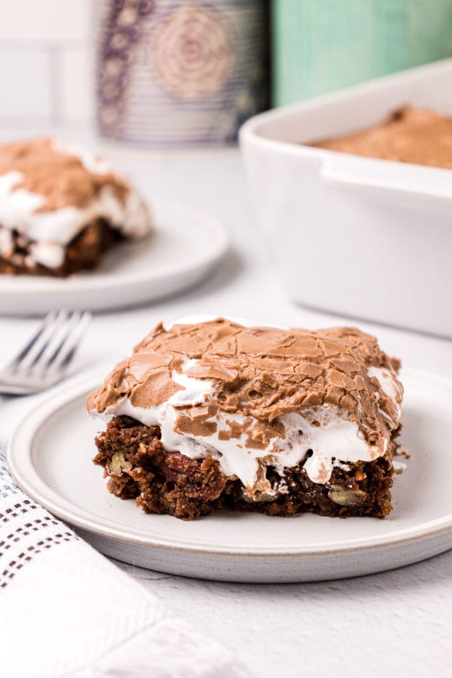 serving of chocolate mud cake on white plate