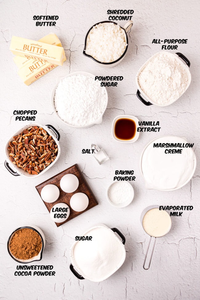 ingredients for Mississippi Mud Cake on a counter