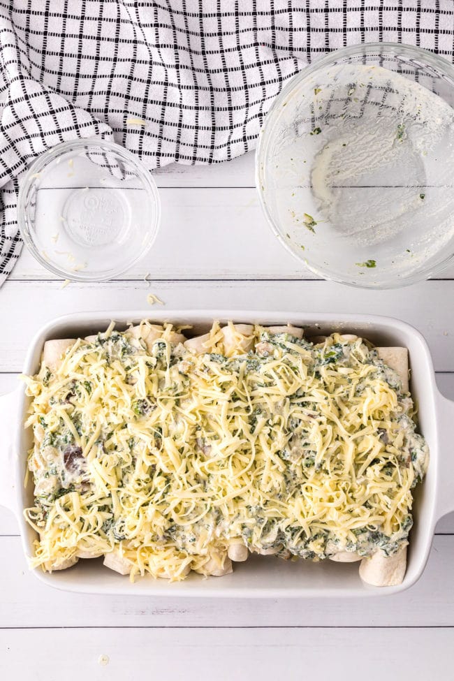 chicken and spinach enchiladas in a casserole dish topped with cheese