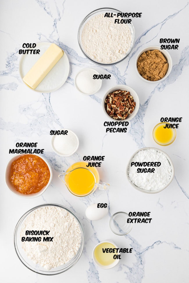 orange streusel muffin ingredients on a counter