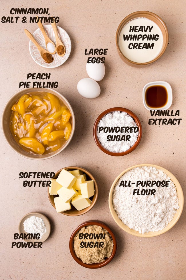 ingredients for peach coffee cake on a counter