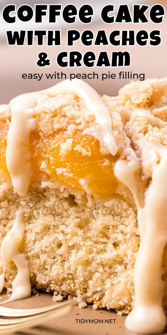 close up of peach coffee cake and icing dripping