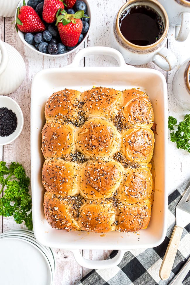 breakfast sliders in a white casserole dish