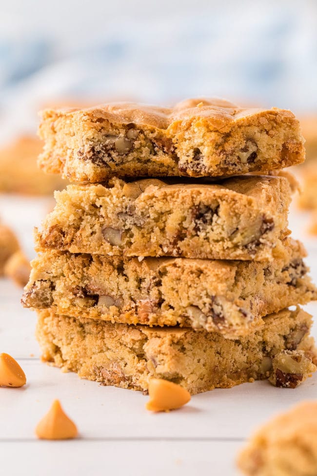 a stack of four butterscotch brownies