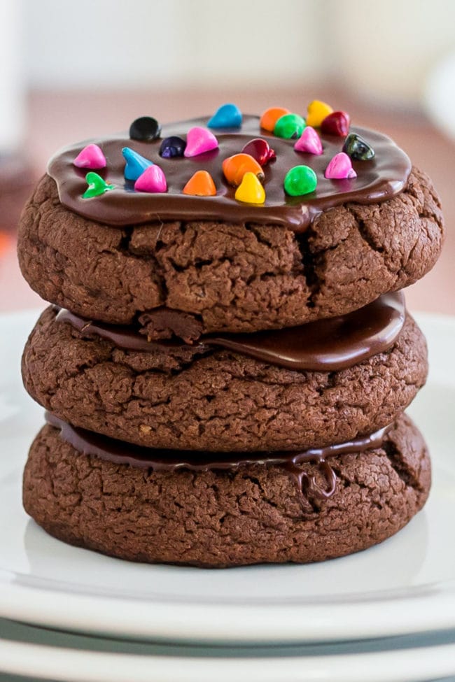 3 brownie cookies stacked with rainbow sprinkles