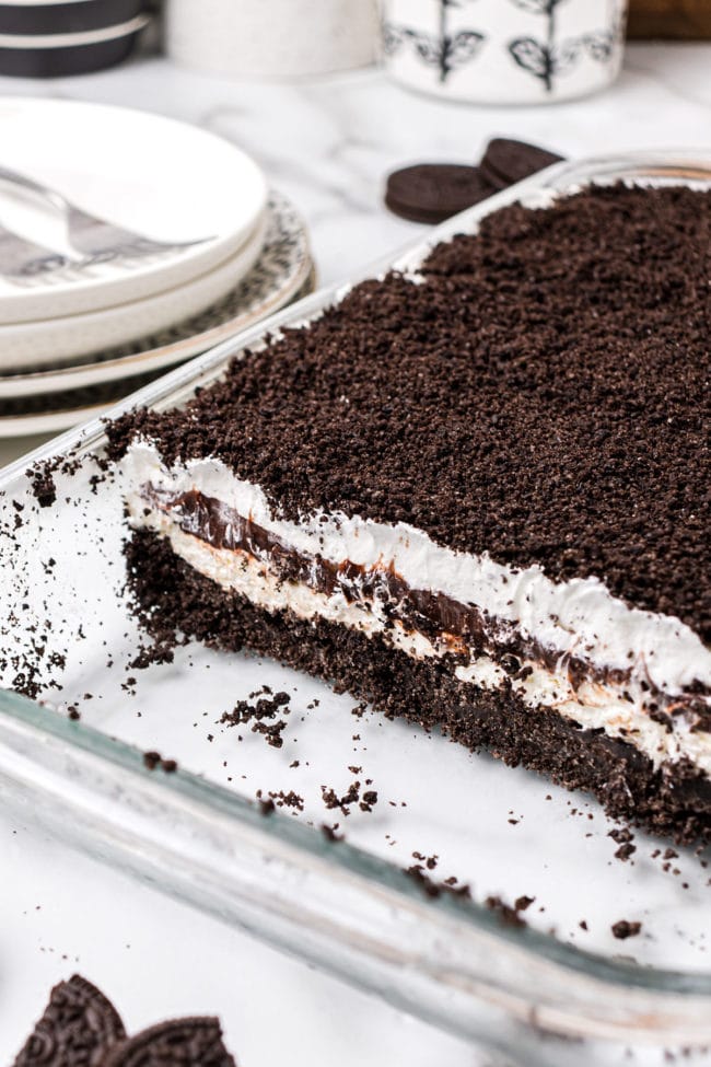 glass dish with no bake chocolate lasagna