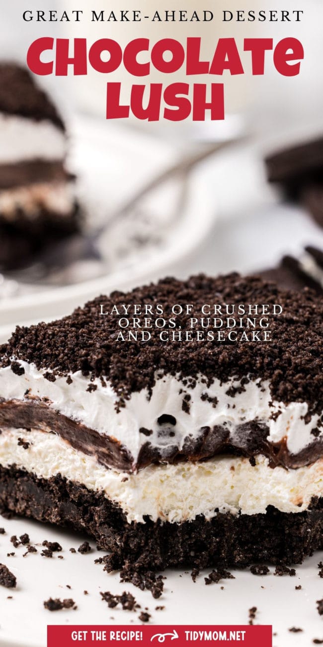 Chocolate Lush dessert on a plate with Oreo cookie crumbs