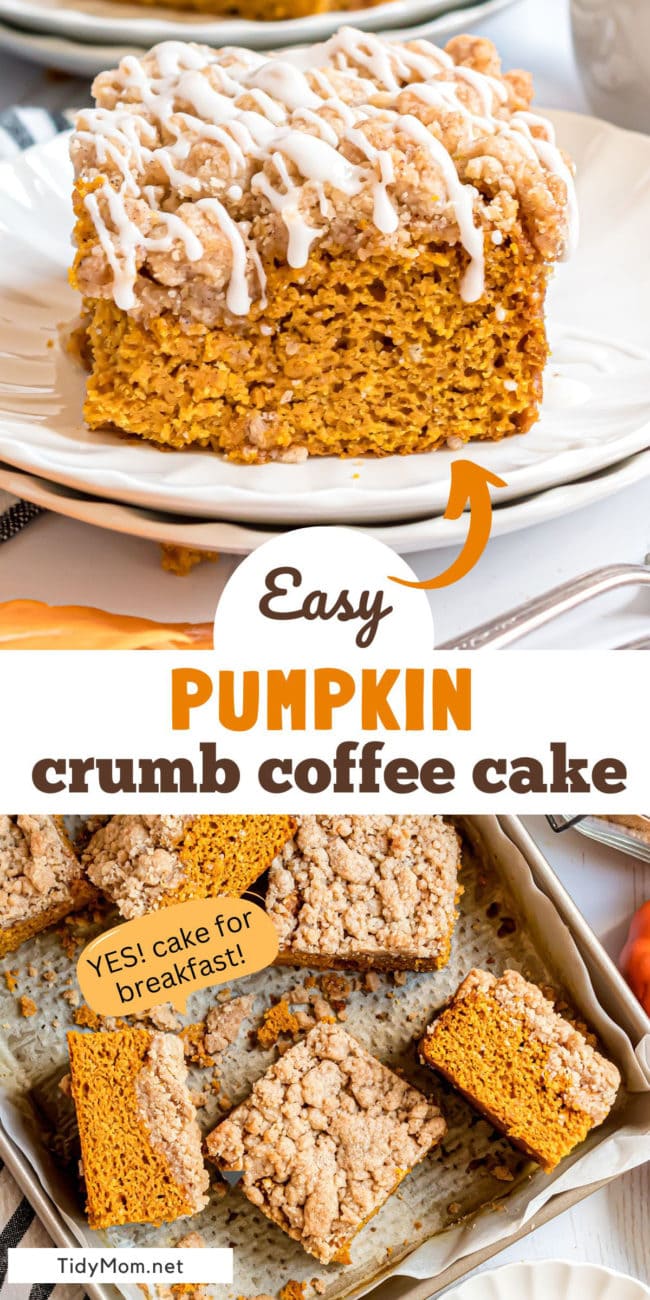 photo collage of pumpkin coffee cake in a pan on a serving on a stack of plates.