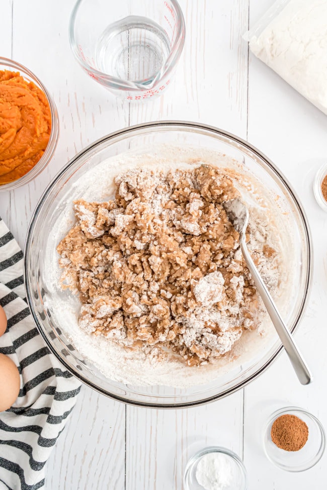 crumb topping in a glass mixing bowl