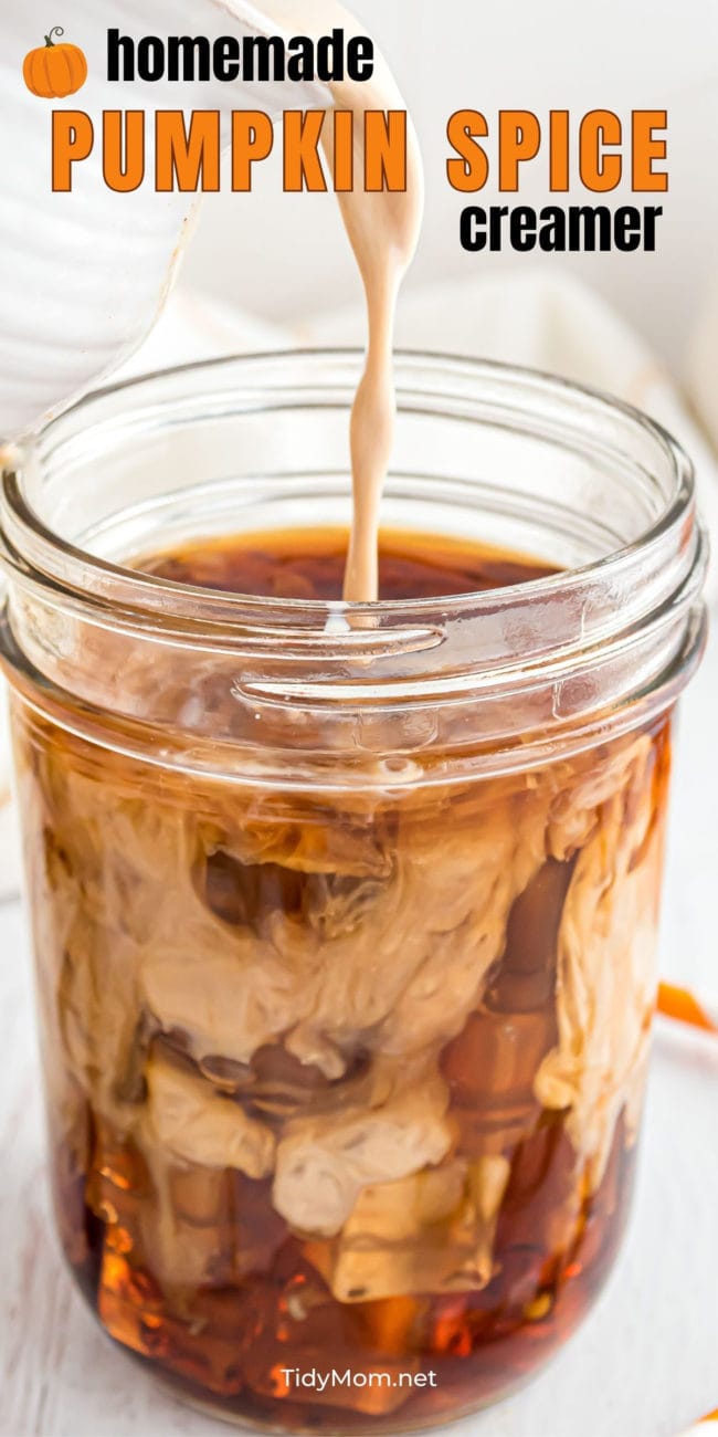 pouring creamer into a glass of iced coffee