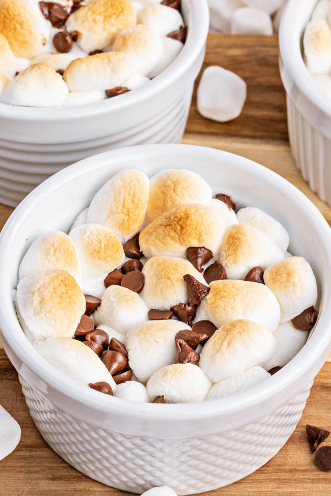 toasted marshmallows and chocolate chips in a white bowl