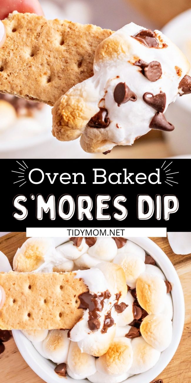 dipping a graham cracker in melted chocolate and toasted marshmallows in a bowl