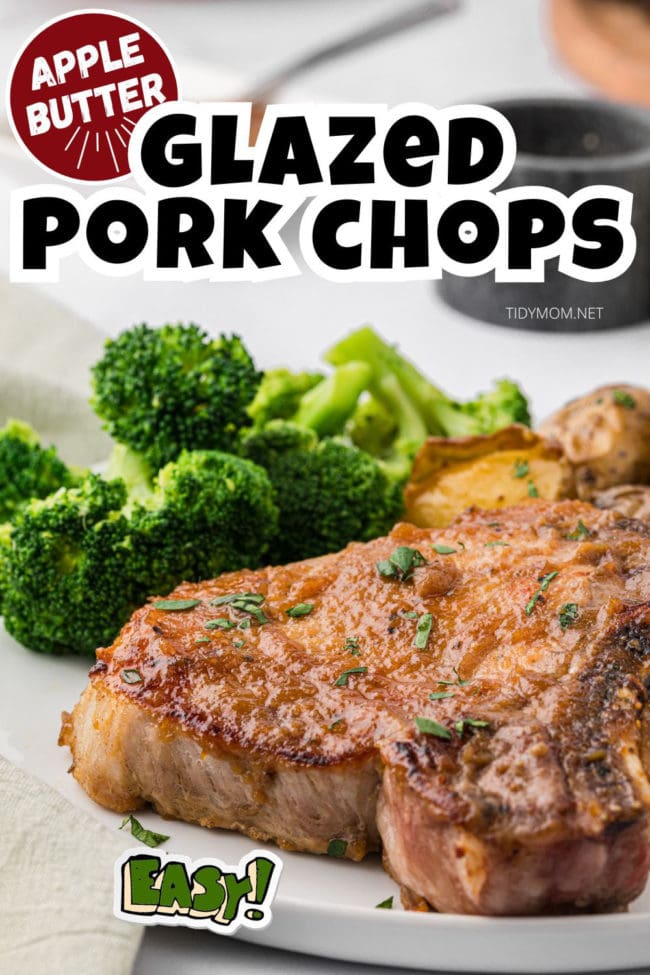 glazed pork chop plated with broccoli