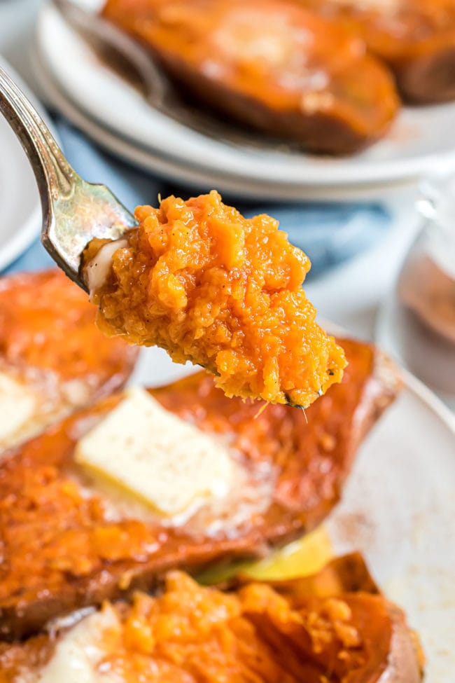 baked sweet potato on a fork